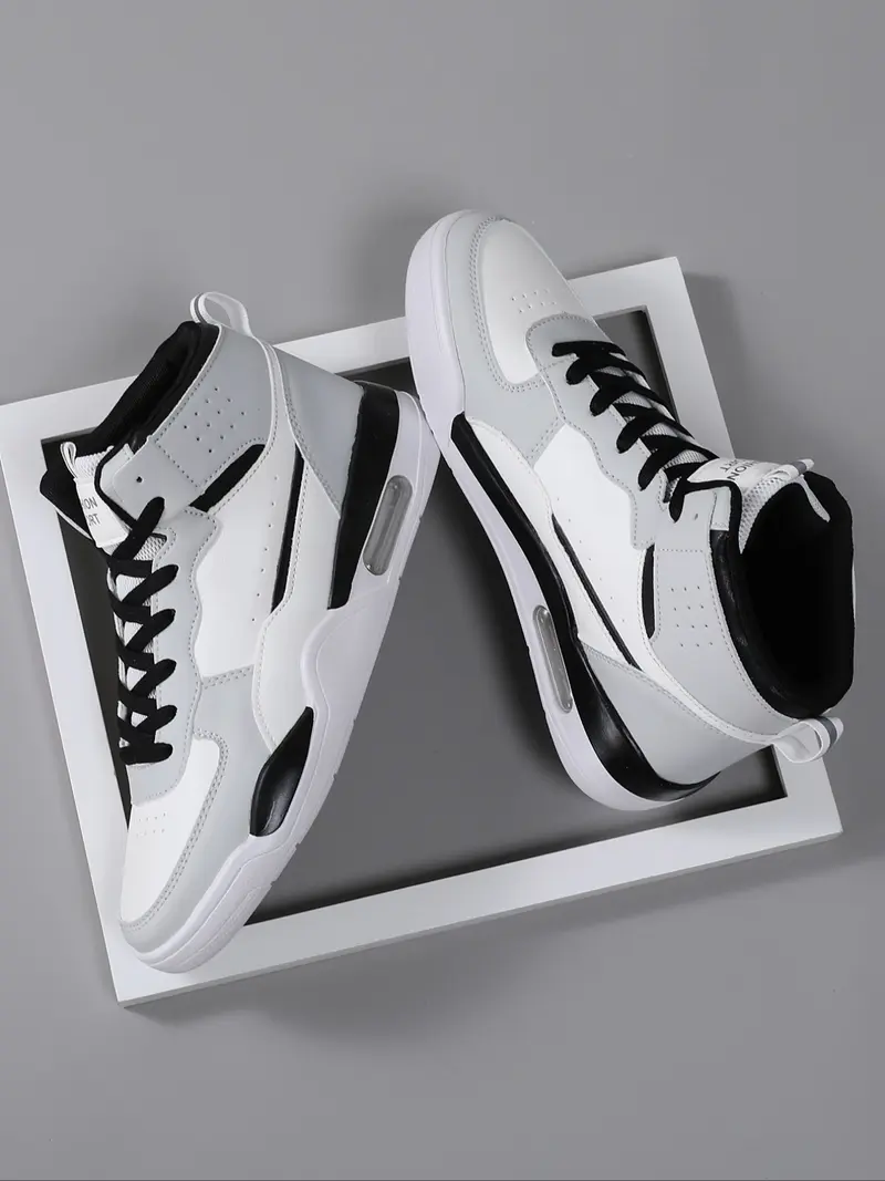 High Top Men's Stylish Basketball Shoes, Casual, Comfortable Breathable Lace-Up, Air Cushion Sole, Patchwork Design, PU Leather, All Seasons