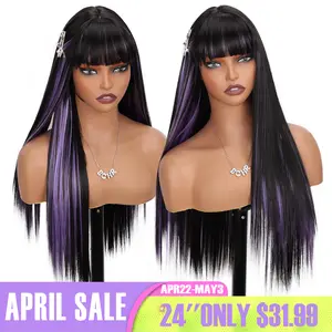 Summervibes Natural Black Long Straight Synthetic Wig with Bangs – Realistic Glueless Wear & Go Wig for Women middle part straight wig, Soft & Silky Hair for Daily Wear & Parties purple wig outdoorfun