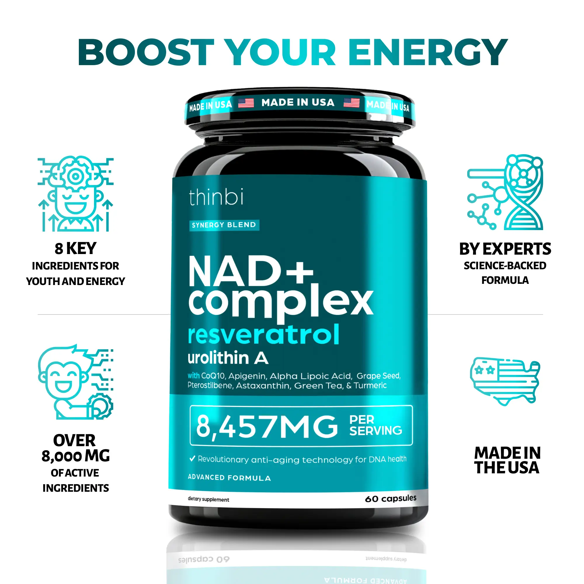 Thinbi NAD+ Advanced – 8,457mg High Absorption – Cellular Energy, Healthy Aging,...