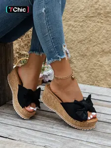 Women's Cute Bowknot Leopard Print Wedge Sandals, Casual Fashion Slip-On Wedges, Summer Trendy Shoes, Beach Daily Wear