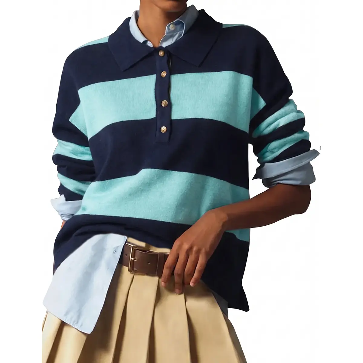 Wyeysyt Polo Sweater Women Rugby Shirt Striped Collared Sweaters| Long Sleeve,Knit Top,Rugby Polo,Casual,Back to School,Y2K,Preppy Shirts