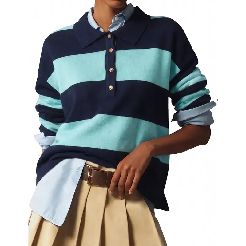 Women's Collared Neck Long-Sleeve Stripe Polo Shirt - Wyeysyt Lightweight Knitted Casual Loose Oversize Top, Preppy Y2K Back to School Wear, Collared Neck Women's Polo Shirts