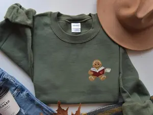EMBROIDERED Gingerbread Man Reading Book with Coffee Sweatshirt, Bookworm Christmas Hoodie, Christmas Gift for Teacher, Bookish Sweatshirt