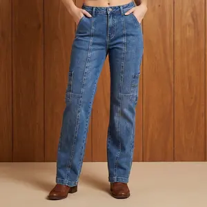 YB3058 thigh crease jeans Women's Utility Straight Leg Jeans - Vintage Wash Denim Trousers with Side Cargo Pockets sweats High-Waisted Ripped