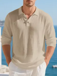 Men's Spring Summer American Style Loose Plain Linen Polo Shirt, Button-Down Casual Business Long Sleeve, Comfortable and Stylish