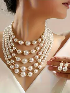 Elegant Luxury Multi-Layer Faux Pearl Necklace Set, Includes Earrings, Perfect for Women's Parties Weddings Events Jewelry Gift, Matching Jewelry Set, Fashionable Jewelry Set