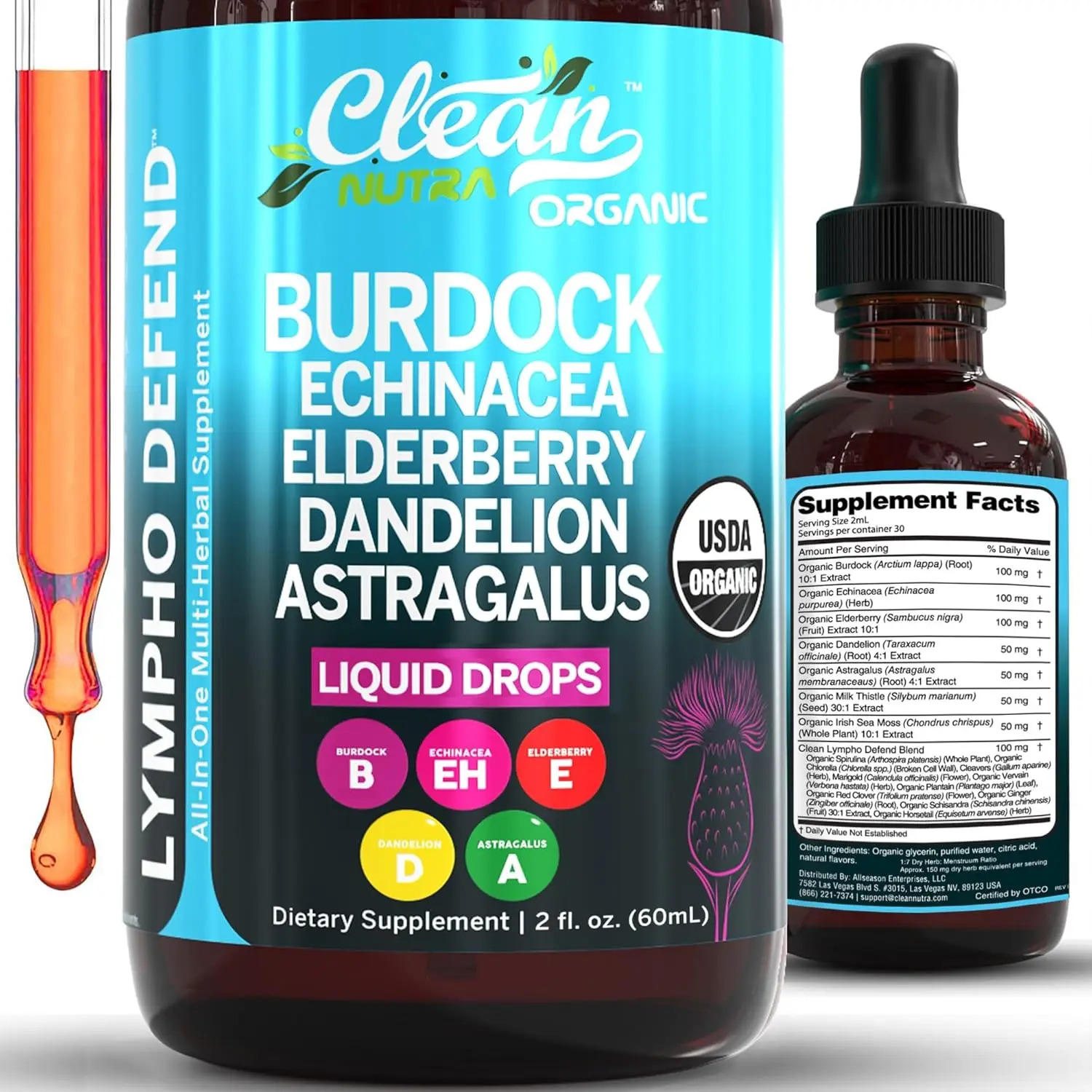 Clean Nutra Lympho Defend | Organic Lymphatic Drainage Drops Supplement with Burdock Root Echinacea Elderberry Dandelion Astragalus Milk Thistle Sea M
