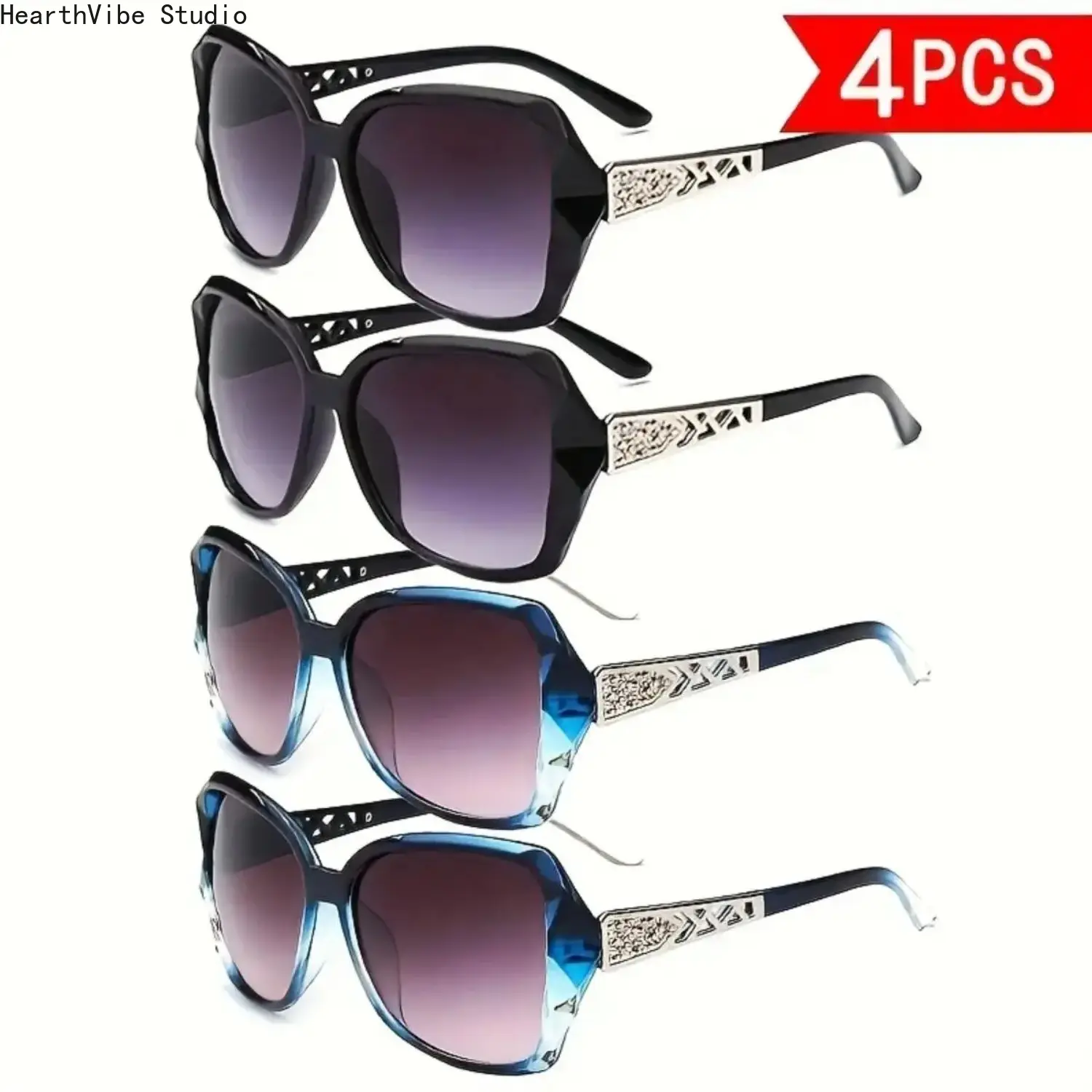 4-Pack Summer Sun Protection Glasses Y2K Retro Oversized Frame Hollow Temple Sunglasses Trendy Elegant Fashion Eyewear for Beach Travel Outdoor,summerwins