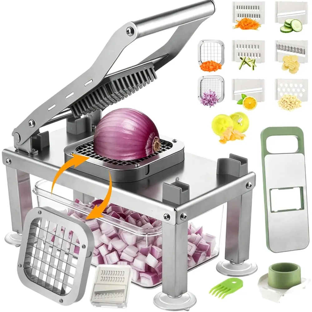 Sturdy Stainless Steel Vegetable Chopper Board - 8-Blade Kitchen Utensil, Detachable Onion Cutter with Container, All-in-1 Home Food Dicer, Mandoline Slicer, Potato French Fry Cutter, Salad Grater