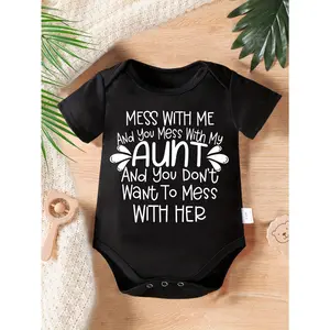 Cute Baby Bodysuit With Mess With Me And You Mess With My Aunt And You Don't Want To Mess With Her Print Soft Versatile Round Neck Button Detail Regular Fit All Seasons Knitted Fabric Onesie