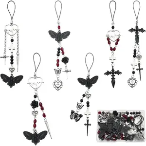 P-PCS03    1 Box 6 Straps Phone Charm Making Kit Halloween Phone Charms Strap Skeleton Moth Butterfly Cross Cellphone Charm Gothic Phone Charm for Women Adults DIY Keychain Moblie Phone Case Decor