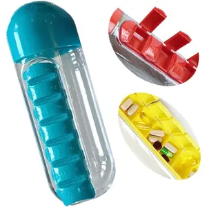 Portable Medicine Box Water Cup 2 in 1 Water Bottle Storage Box 20oz with Pill Box 7 Days Capsule Organizer for Daily Sports Camping Gym School Office Travel