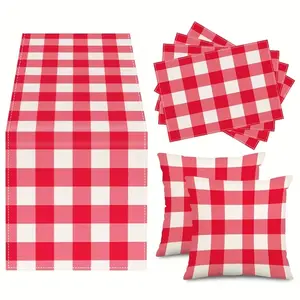 7-Piece Table Runner Set, Grid Outdoor Home Dining Decor, Includes Placemats, Pillowcases, Tablecloth, All-Season Use