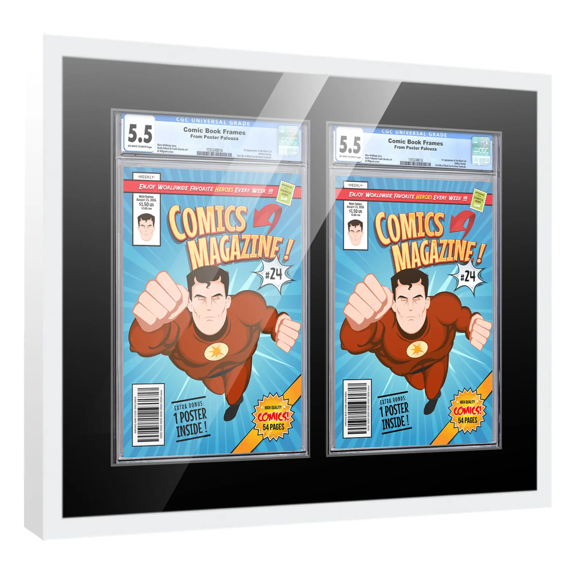 Comic Book Frame with Mat for 2 Graded Comics - White Wood Comic Frame With Black Mat for 8.125x13 Comics - 17x21 Frame Size