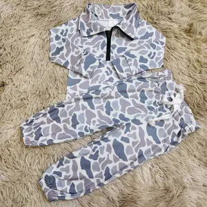 Gray camo printed pullover match pockets joggers hunting outfits kids boys fall set