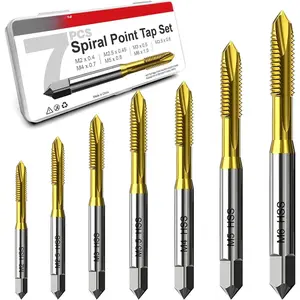 7 count Spiral Point Tap Set M2 M2.5 M3 M3.5 M4 M5 M6, Titanium Coated High Speed Steel 6542 Machine Threading Tool for Metalworking and Precision Repair