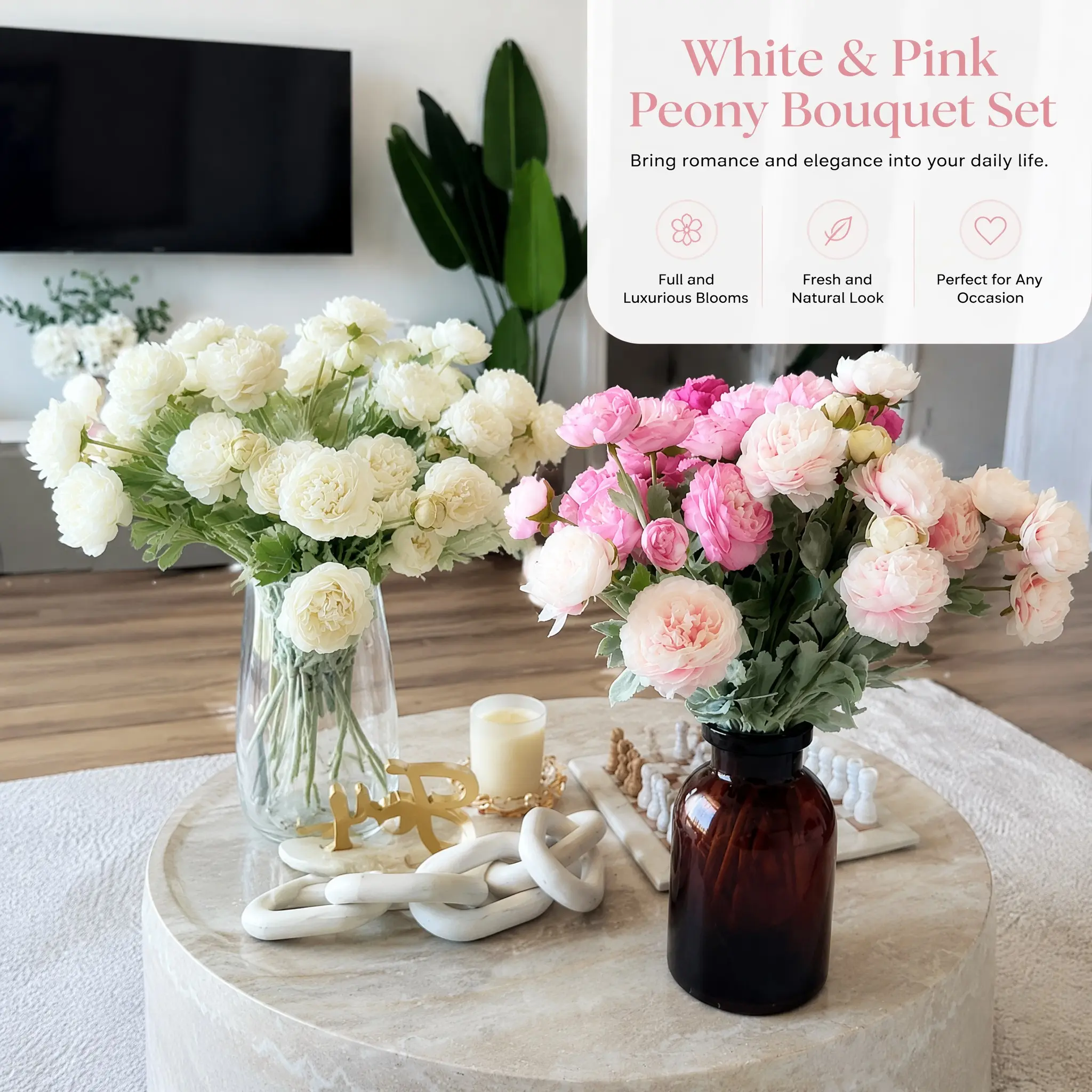 [Back to School] Molilito Premium Silk Faux Ranunculus & Peony Flower Bouquet with Gift Box, Pink & Cream White, Realistic Artificial Florals for Wedding Arch, Table Decor, Bridal & Bridesmaid Bouquets