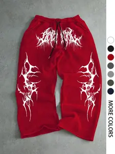 Men's Casual Sport Pants, Fringe Thorn Pattern Print Sweatpants, Drawstring Wide Leg Leisure Long Pants, Suitable for All Seasons