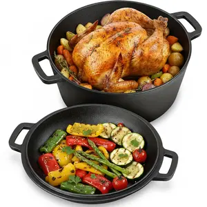 5 QT Cast Iron Dutch Oven Pot with Lid, 2 in 1 Pre-Seasoned Cast Iron Round Deep Pot for Baking Cooking Stewing Roasting, Indoor & Outdoor Use, Black