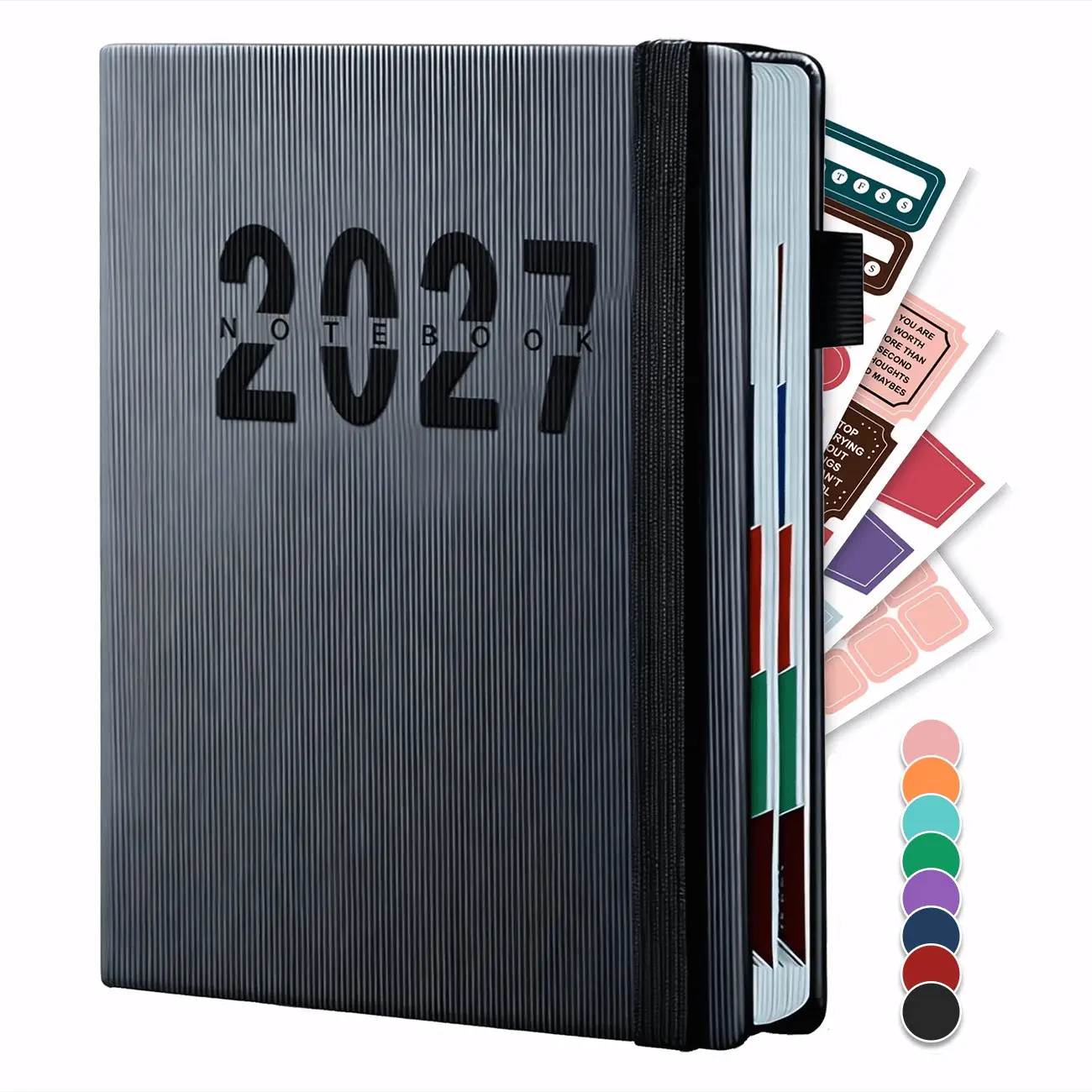 2027 Daily Planner Notebook, 200 Sheets/400 Pages, 8 Colors, Calendar Diary with 4 Stickers Sheets, Time Management Schedule Book for Personal Planning