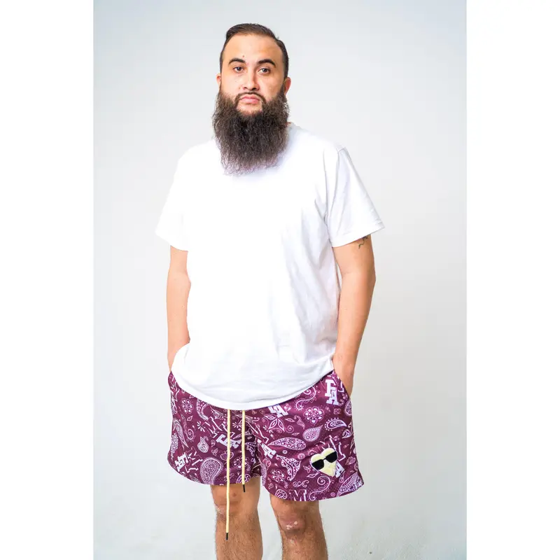 Burgundy Brown/White Paisley Daddy Dukes with Light Tan Logo (UNISEX Menswear Short