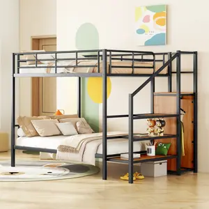 Metal Full Over Full Size Bunk Beds, Heavy-Duty Full Bunk Bed with Stairs and Wardrobe for Bedroom Dormitory, Black