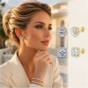 【Buy one get one】4-Piece Halo Zircon Stud Earring Set for Women – Gold & Silver Two-Tone-Luxury Round & Square Halo Cubic Zirconia Earrings – Hypoallergenic, Includes Ear Backs & Gift Box. Perfect Elegant Gift for Her.-Ideal birthday, anniversary