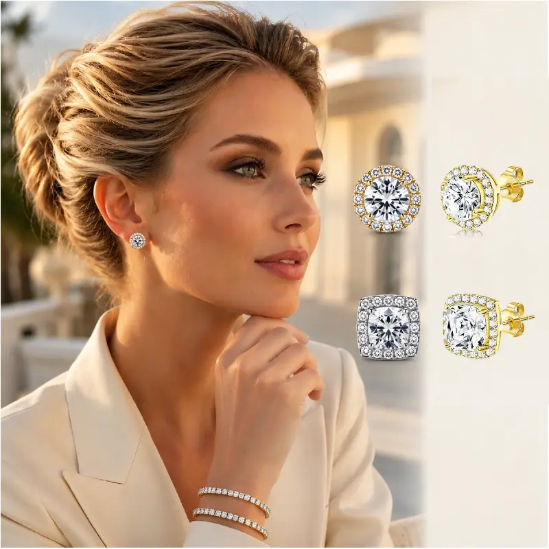 【Buy one get one】4-Piece Halo Zircon Stud Earring Set for Women – Gold & Silver Two-Tone-Luxury Round & Square Halo Cubic Zirconia Earrings – Hypoallergenic, Includes Ear Backs & Gift Box. Perfect Elegant Gift for Her.-Ideal birthday, anniversary