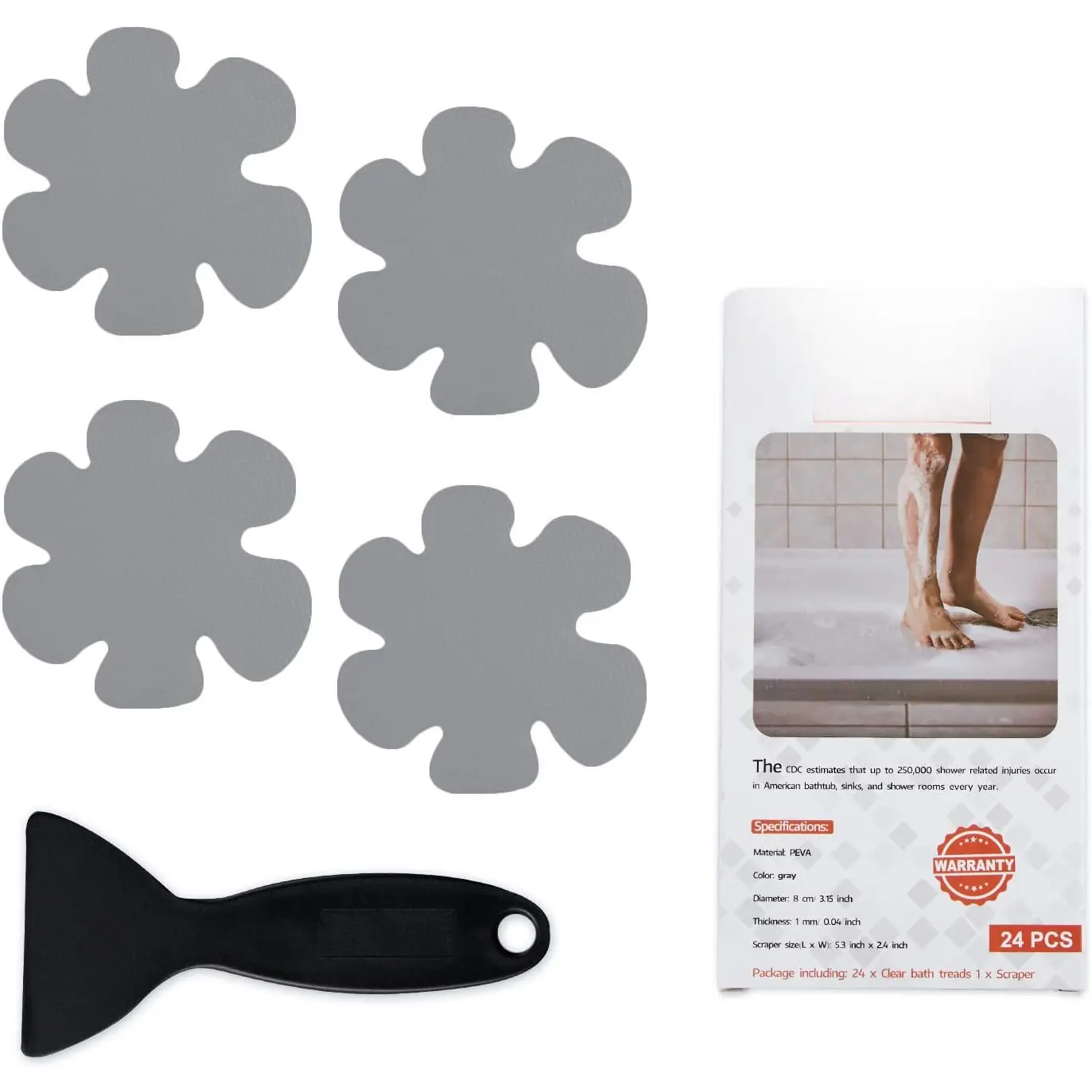 Non-Slip Bathtub Stickers Set - 12-Count Durable Modern Waterproof Bathroom Accessories, Snowflake Safety Shower Treads Adhesive Appliques with Scraper for Shower Floor, Grey