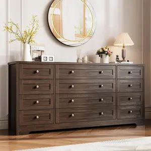 Garvee 12-Drawer Solid Wood Dresser, 63" Long Modern Chest of Drawers for Bedroom, Living Room, Hallway, 16" Wide TV Stand Dresser Suitable for 65-Inch TV