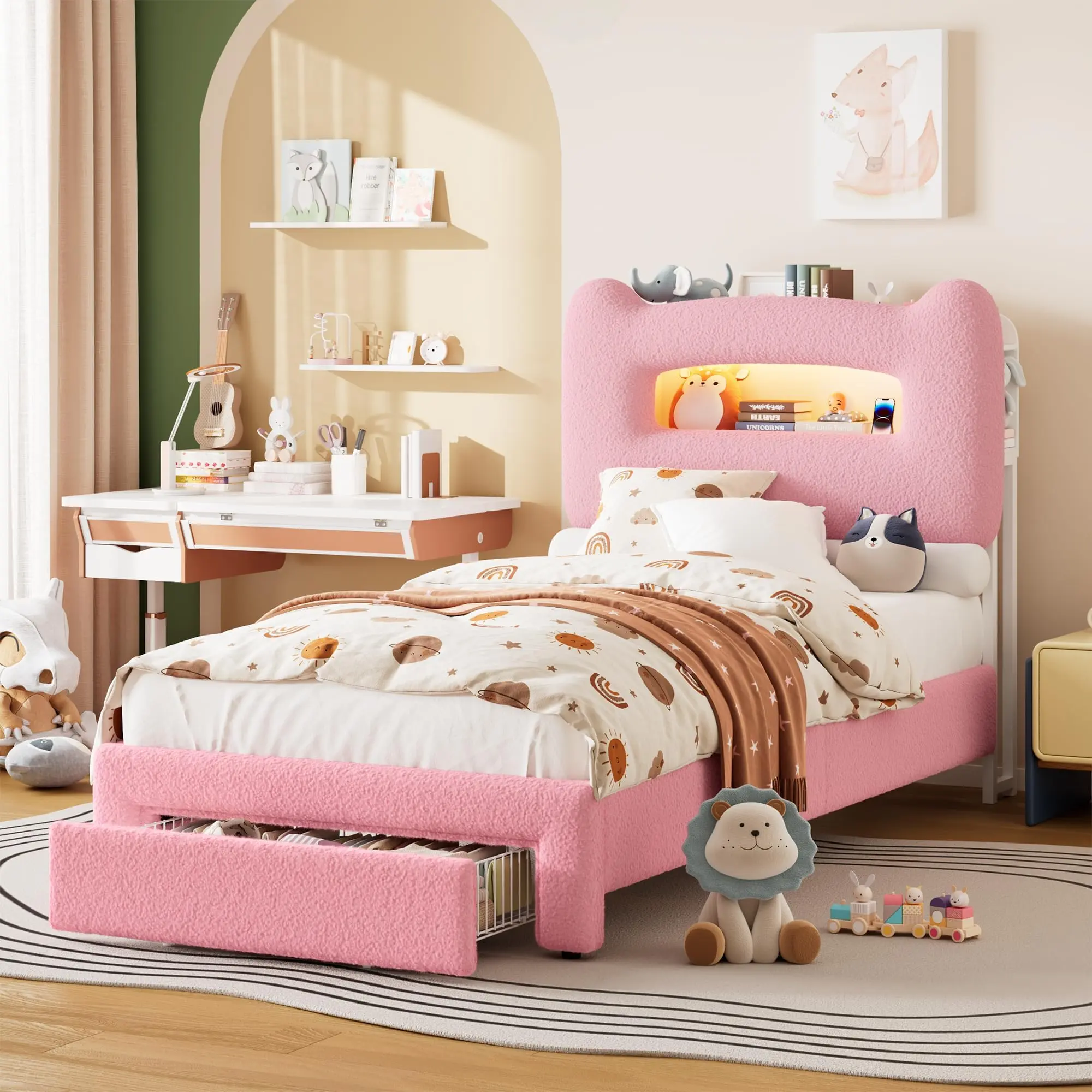 Garvee Upholstered Full Bed Frame - Metal Bed Frame with 2-Level Storage Built-In Headboard, LED Platform, Charging Station, Kids' Drawer, Sturdy Support, No Box Spring Needed (Color Option), Upholstered Bed Frames, Twin Bed Frames