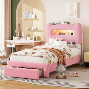 Garvee Twin Size Upholstered Bed Frame with 2-Tier Storage Headboard, Charging Station, Drawer, RGB LED Lights, Low Profile Design, No Box Spring Needed, Easy Assembly, Pink