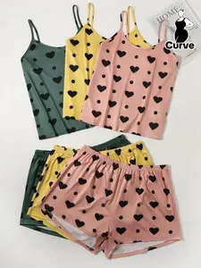 Plus Size 3pcs Heart Print Knitting Cami Top & 3pcs Elastic Waist Shorts Pyjama Set, Casual Comfy Sleeveless Spaghetti Strap Camisole & Shorts PJ Set, Women's Sleepwear for All Seasons