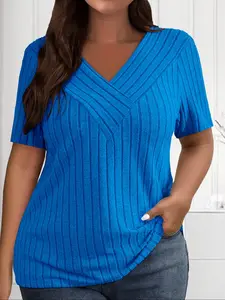 【Plus Size】Solid Cross V Neck Tee, Casual Short Sleeve T-shirt for Summer, Women's Clothing for Daily Wear, Casual Everyday Wear