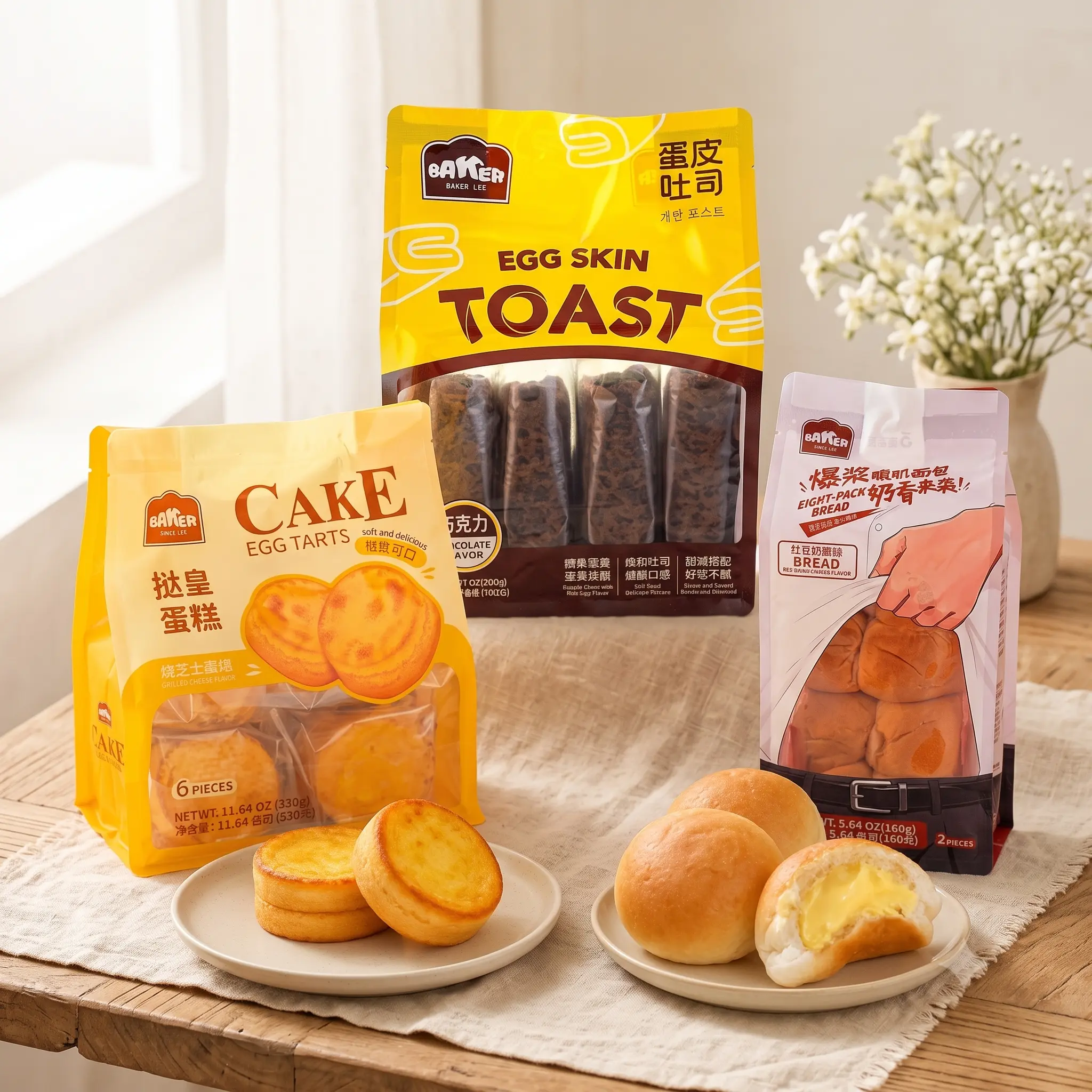 Baker Lee Bakery Snack Combo 3-Pack: Chocolate Egg Skin Toast (12.76 oz), Grilled Cheese Egg Tart Cake 6 Pcs (11.64 oz), Molten Red Bean Cheese Bread (5.64 oz) - Asian Breakfast & Dessert Value Set