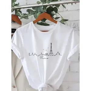 Paris Skyline Line Art Graphic Tee Cute Minimalist Travel Aesthetic T Shirt Soft Casual Crewneck Streetwear Everyday Outfit