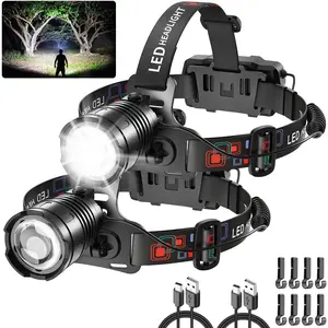 High Lumen Rechargeable Headlamp, Super Bright  Lamp, 90?Angle  Lights for Forehead, Adjustable Focus Headlight, 4Mode LED Headlamp Rechargeable, Headlamps for Adults Hard Hat Camping (2Pack)