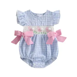 Newborn Baby Girl Easter Outfit Fly Sleeve Bunny Embroidery Plaids Bowknot Bubble Smocked Romper Bodysuit Infant Summer Clothes