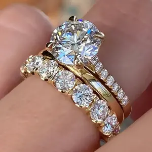Zircon diamond ring three-piece set, fashionable full-diamond wedding ring set, white gold couple's ring for women