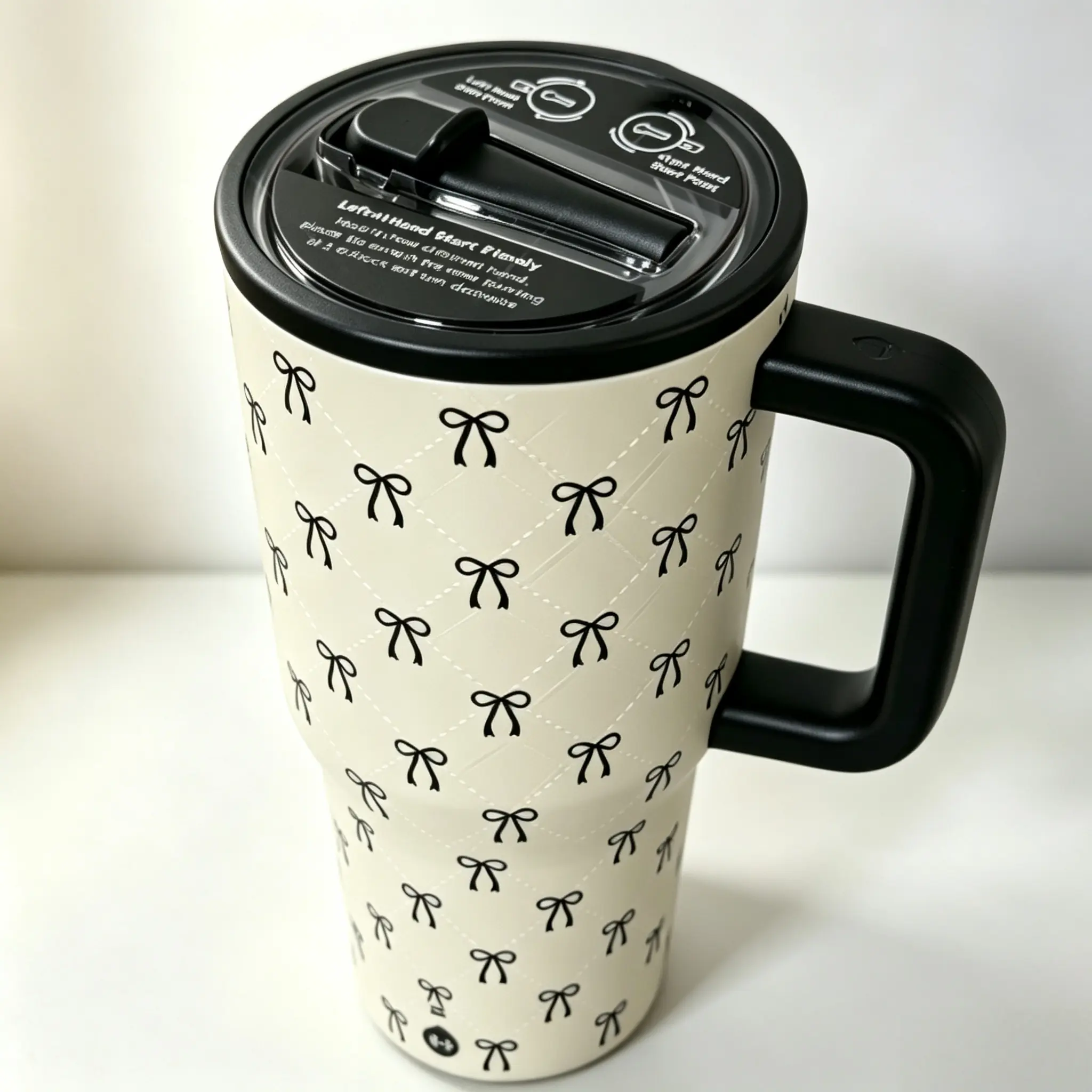 HydroJug 40oz Carbon Steel Vacuum Insulated Tumbler - Cream Black Bow Handle, Minimalist Stylish Ballet Core Design, Leak-Proof Large Capacity Insulated Cup for Car Commute, Students