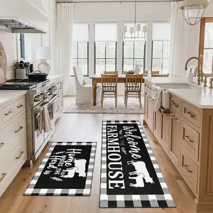 Two-Piece Kitchen Rug Set, Plaid Cow Print Letter Mats, Washable Farmhouse Hallway Home Office Carpet, Comfortable Fashion Design, Kitchen Area Rug, Home Decorative Rugs