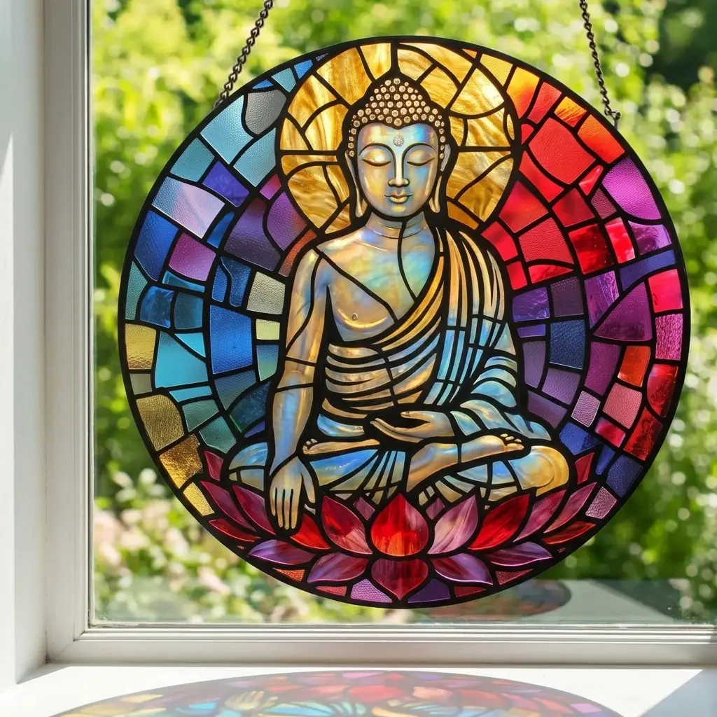 Buddha Stained Glass Suncatcher, Meditating Buddha Window Hanging, Stained Glass Lotus Panel, Meditation Zen Sun Catcher.