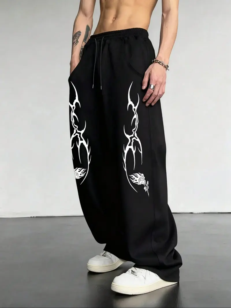 Men's Casual Sporty Long Pants, Flame Rose Pattern Print, Drawstring Wide Leg, Loose-Fitting, All Seasons Wear, Men's Fashion Pants