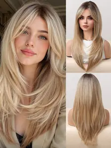 Platinum Blonde Highlighted Layered Wig for Women, Heat Resistant Fiber, Natural Look, Perfect for Parties & Music Festivals, Straight Hair, Party Wig, Natural Looking Wig