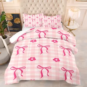 2/3pcs Pink Checkered Comforter Set With Bow And Flower Patterns Soft Warm Bedding For Bedrooms Adds Sweet Romantic Vibes Suitable For Those Who Love Cute Stylish Decor Includes 1 Comforter And 1 Or 2 Coreless Pillowcases