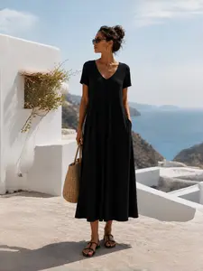 Women’s Casual Maxi Dress – Soft V Neck Short Sleeve Long Dress with Pockets, Flowy Summer Beach Vacation Outfit Womenswear