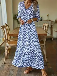 Women's Elegant Casual V-Neck Bubble Sleeve Loose Fitting Long Dress, All over Print, Comfortable and Stylish, Perfect for Daily Wear