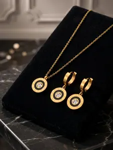 Luxury Titanium Gold Plated Roman Numeral Diamond Necklace Earrings Set, Elegant Jewelry Set, Hypoallergenic, Perfect for Daily Wear, Gifts, Ladies, Jewelry Sets