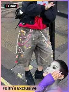 Vintage Distressed Paint Splatter Denim Jorts, Multi-Chain Punk Charm Embellished Baggy Bottoms, Edgy Stylish Streetwear for Festivals