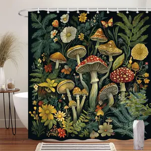 1Pc Floral Shower Curtain Mushroom Mixed Flowers and Ferns Nature Theme Bathroom Decor Polyester Fabric Bath Hanging Curtain 70.8x70.8 Inch with 12 Hooks